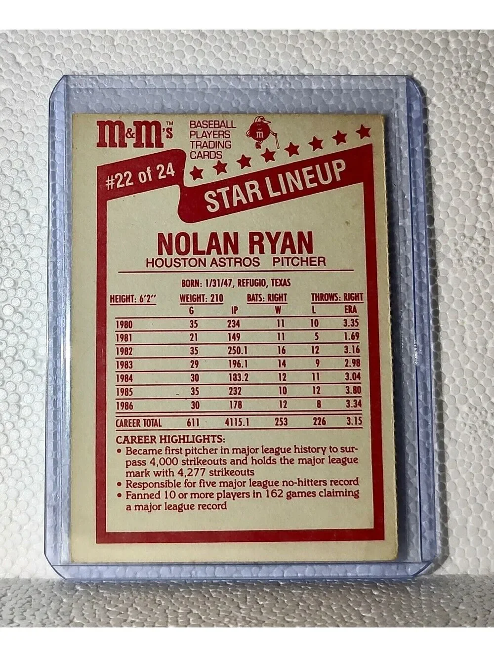 Nolan Ryan 1987 M&M’s MLB #22 Baseball Card Houston Astros
